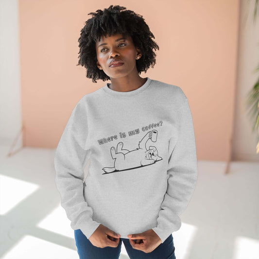 Woman wearing Where is my coffee - Dog Outline Unisex Crewneck Sweatshirt in gray with a cartoon dog design.