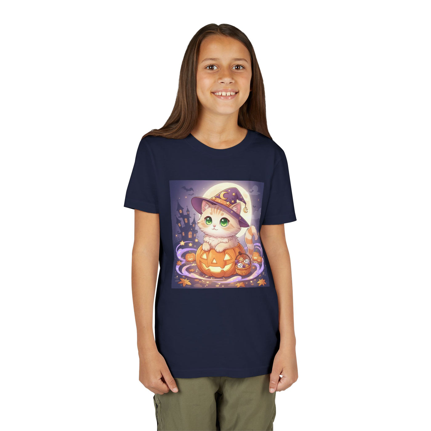Halloween cute kitten anime style 4 Unisex Youth Tee | T-Shirt, Cute Pumpkin Shirt, Kids Halloween Outfit, Cat Lover Gift, Fun Fall Apparel