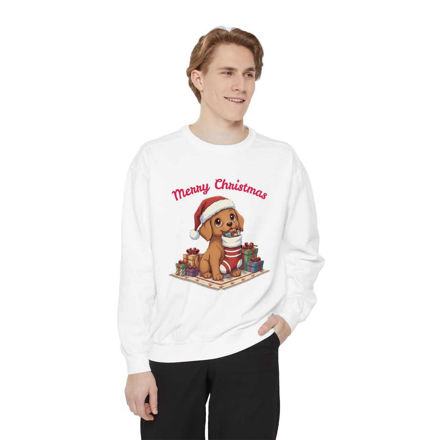 Cute Puppy waiting for Christmas presents style 2 Cozy Graphic Unisex Crewneck Sweatshirt