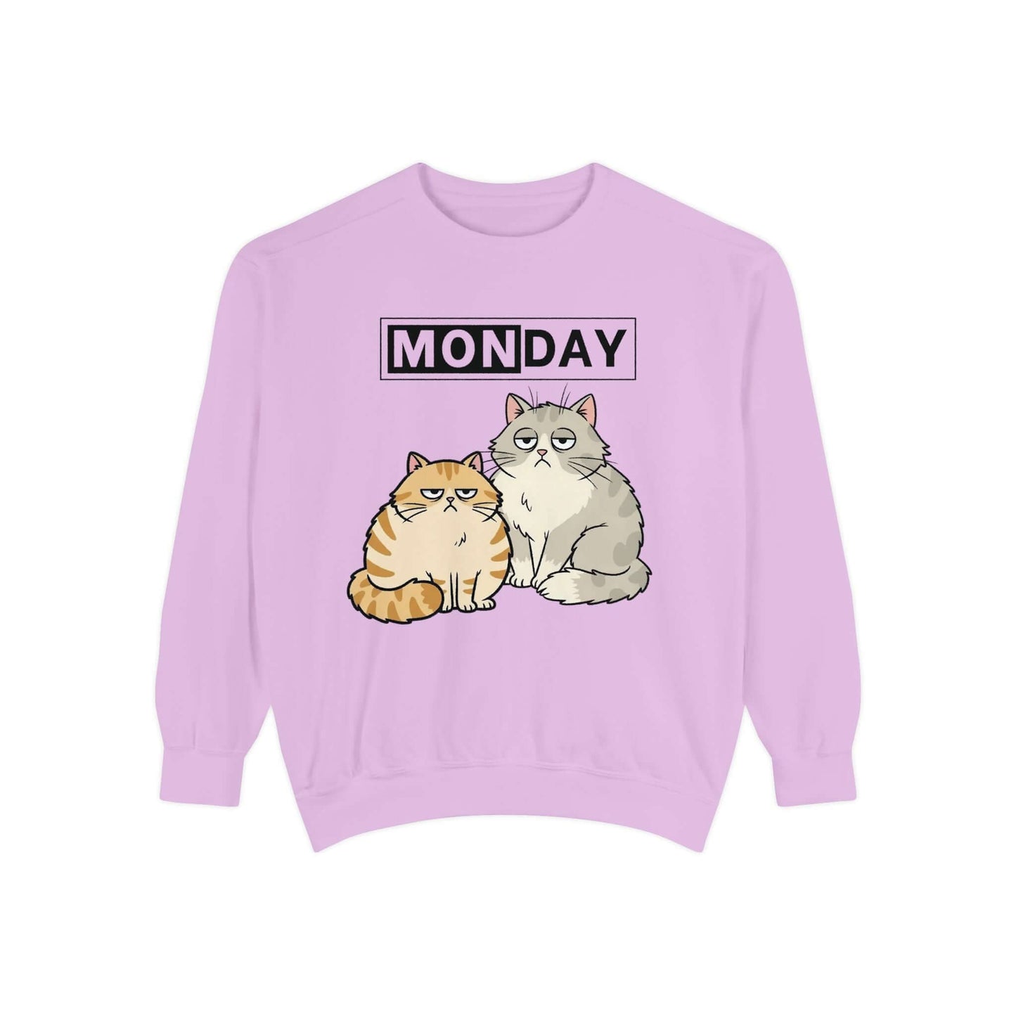 Monday Face Cat Stares Blankly Unisex Crewneck Sweatshirt featuring two cats under a 'MONDAY' banner.