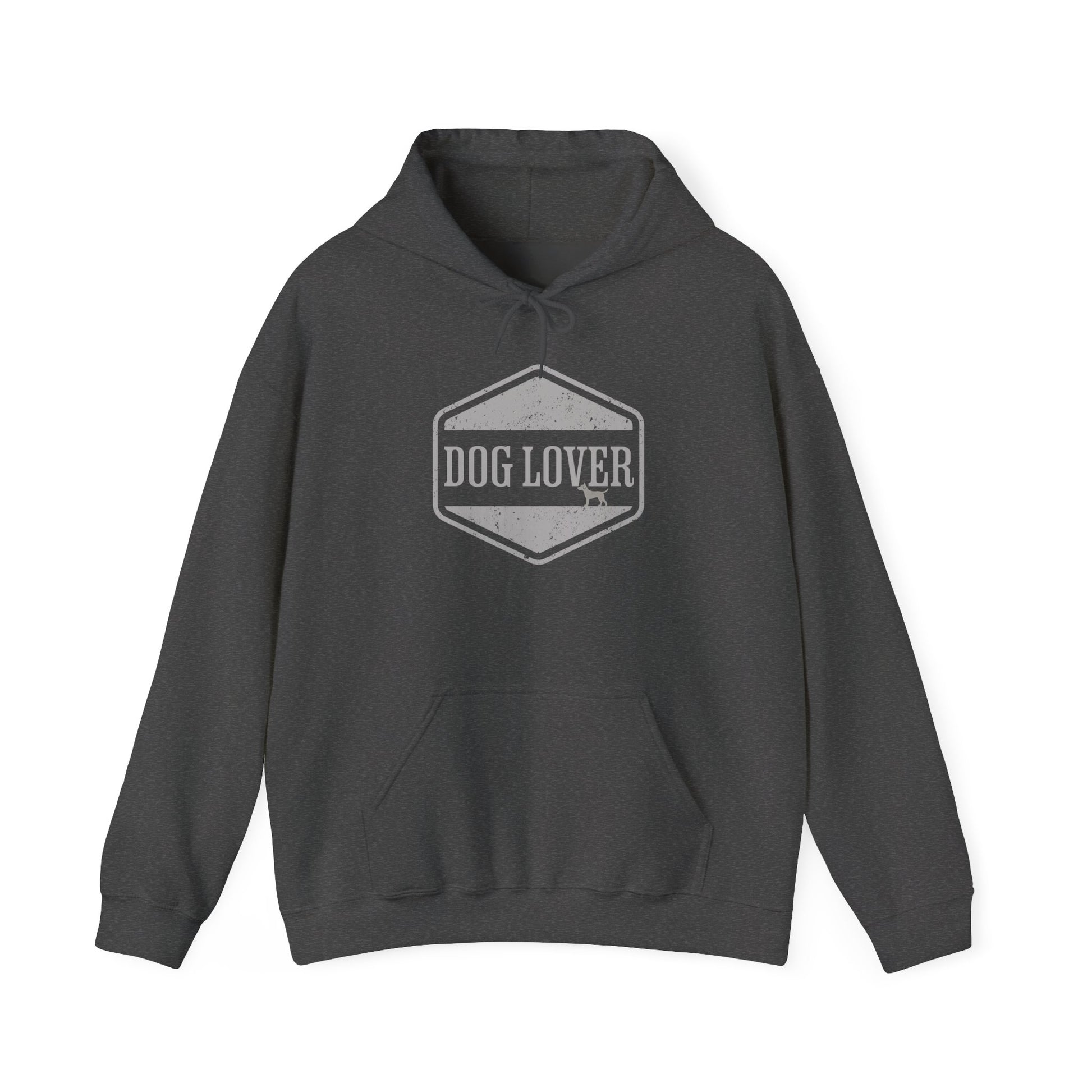 Dog Lover plus Slogan on Back Unisex Pullover Hoodie featuring vintage badge in gray