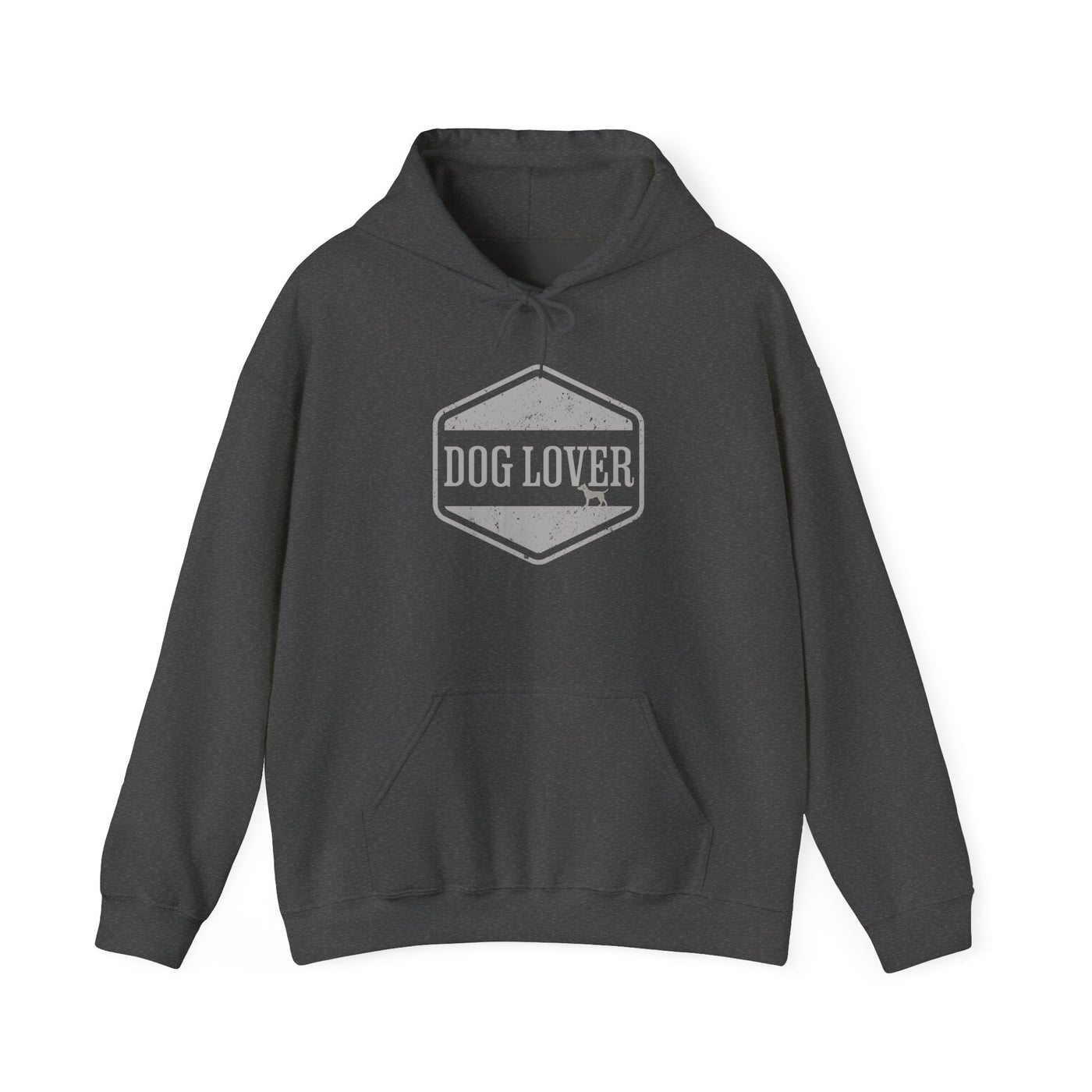 Dog Lover plus Slogan on Back Unisex Pullover Hoodie in dark gray with vintage badge design.