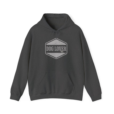 Dog Lover plus Slogan on Back Unisex Pullover Hoodie in dark gray with vintage badge design.