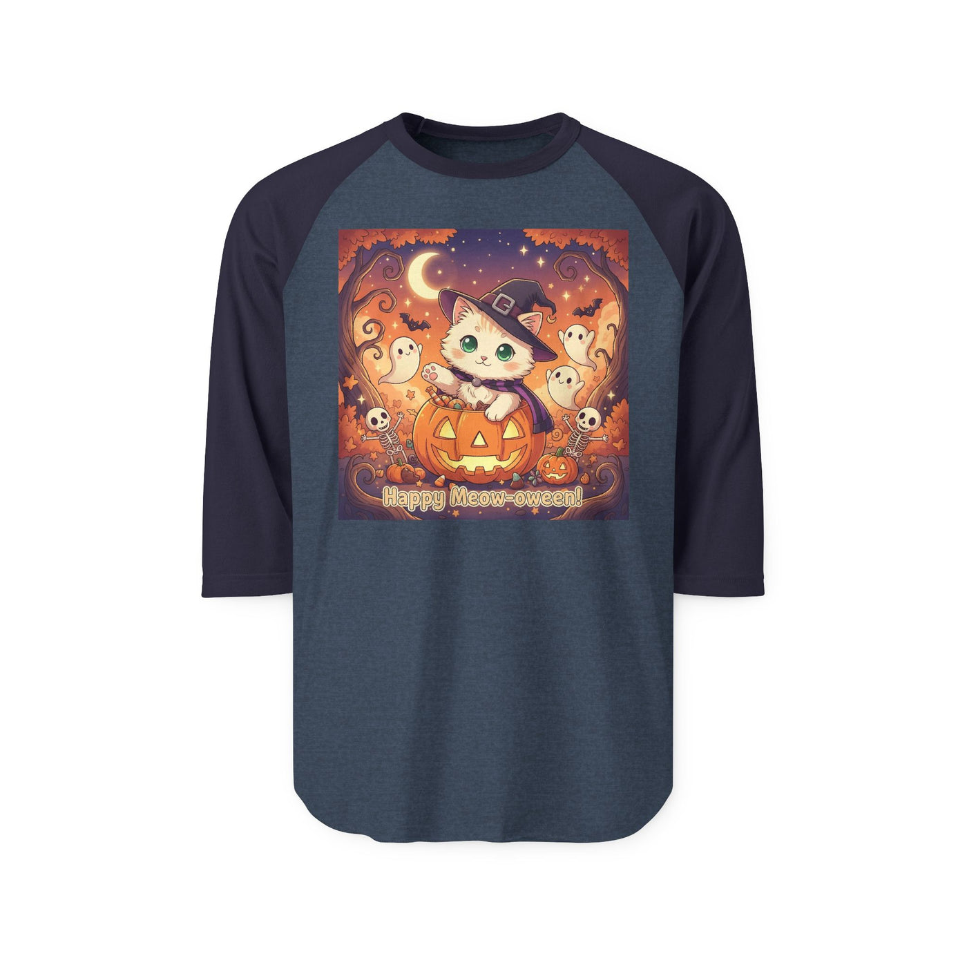 Halloween cute kitten anime style 6 Raglan Shirt, Unisex Halloween Top, Pumpkin Cat Shirt, Cute Cat Tee, Spooky Casual Wear