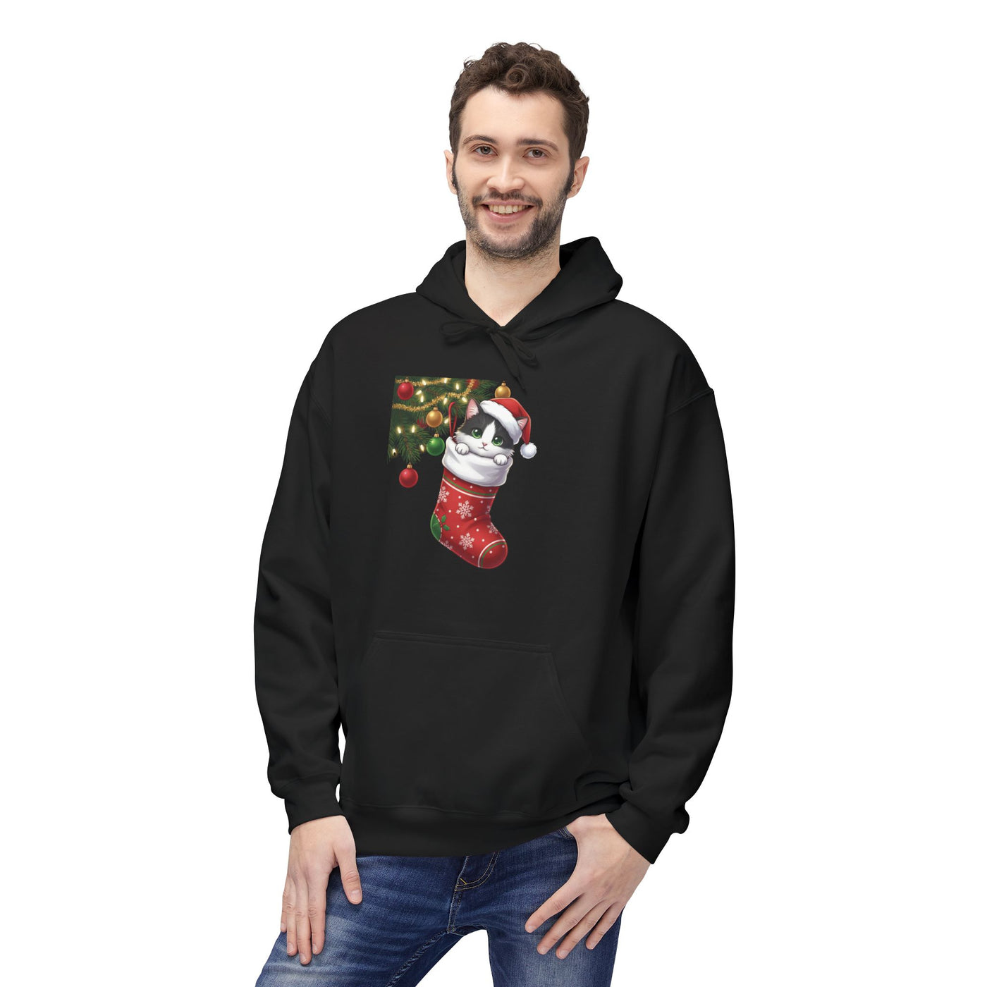 Adorable kitten hiding in Christmas stocking style 1 Cozy Graphic Unisex Midweight Softstyle Fleece Hoodie