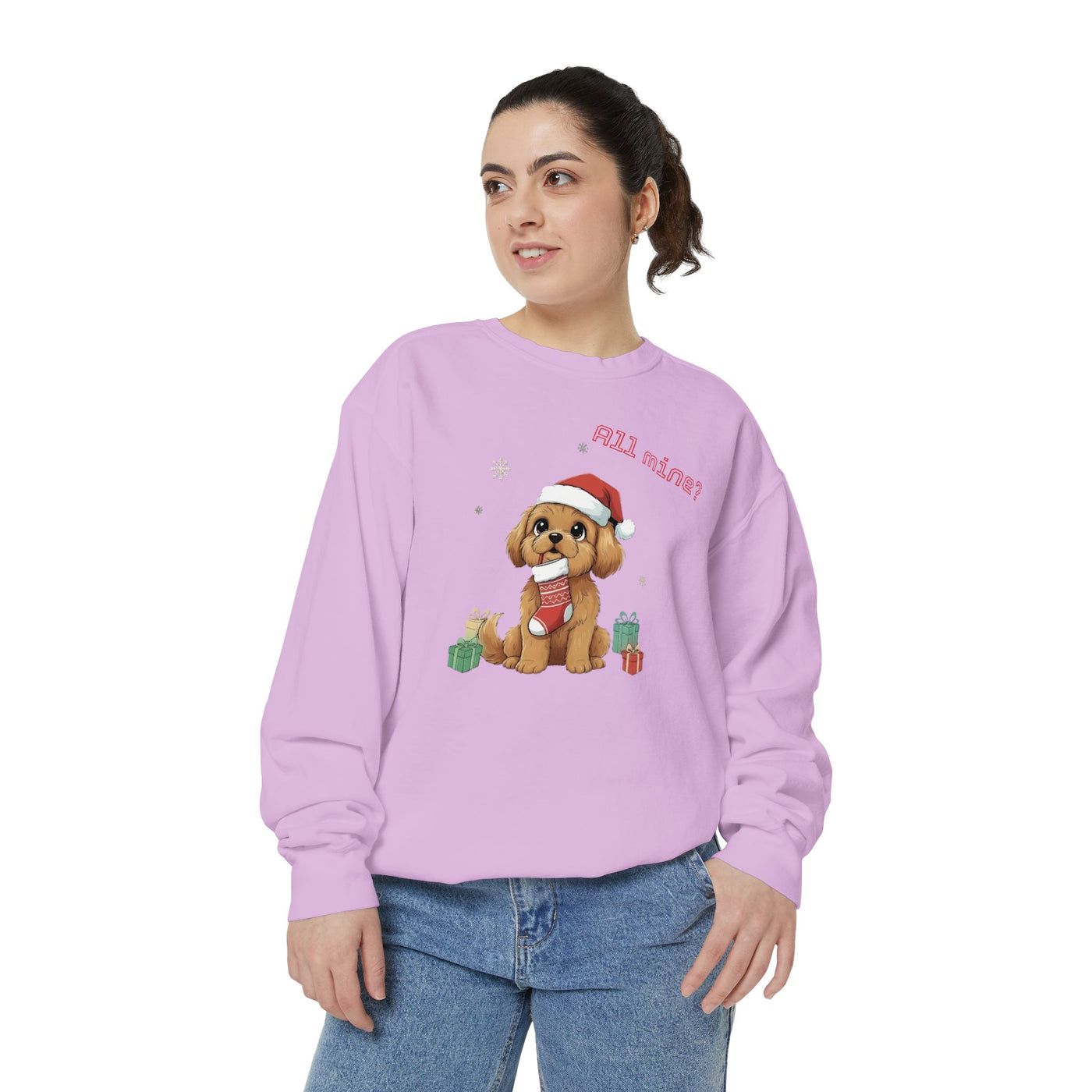Cute Puppy waiting for Christmas presents style 8 Cozy Graphic Unisex Crewneck Sweatshirt