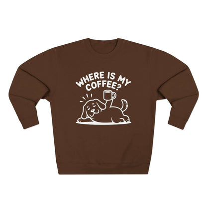 Where is my coffee - Dog Outline Unisex Crewneck Sweatshirt style 2 in brown with dog graphic.