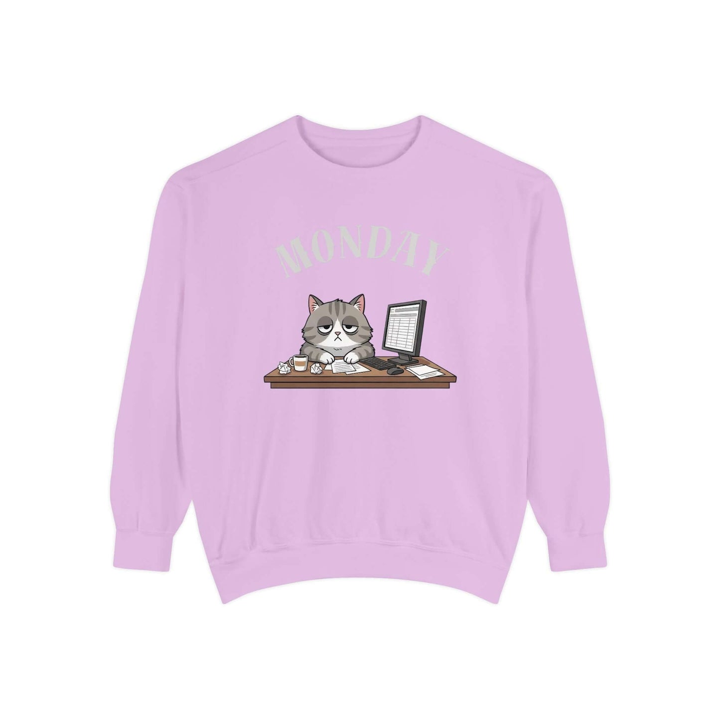 Monday Face Cat Stares Blankly Unisex Crewneck Sweatshirt with cute cat graphic and 'MONDAY' text.