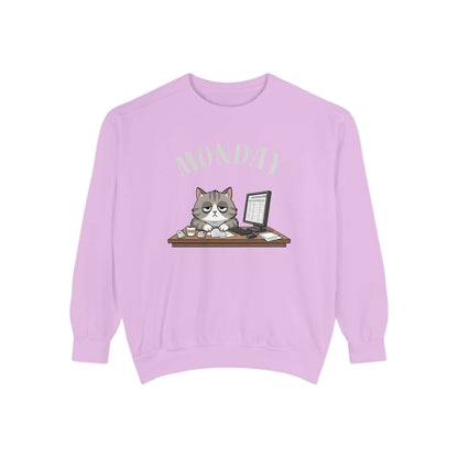 Monday Face Cat Stares Blankly Unisex Crewneck Sweatshirt with cute cat graphic and 'MONDAY' text.