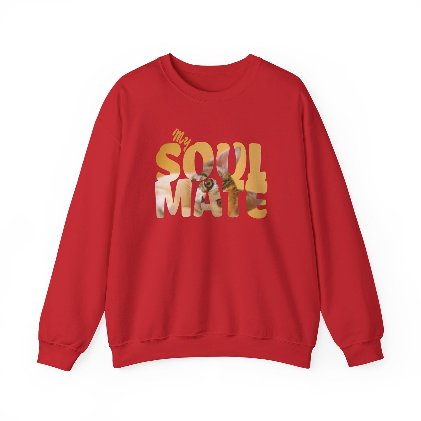 Cat My Soulmate Unisex Crewneck Sweatshirt in red with warm lettering over floral design.