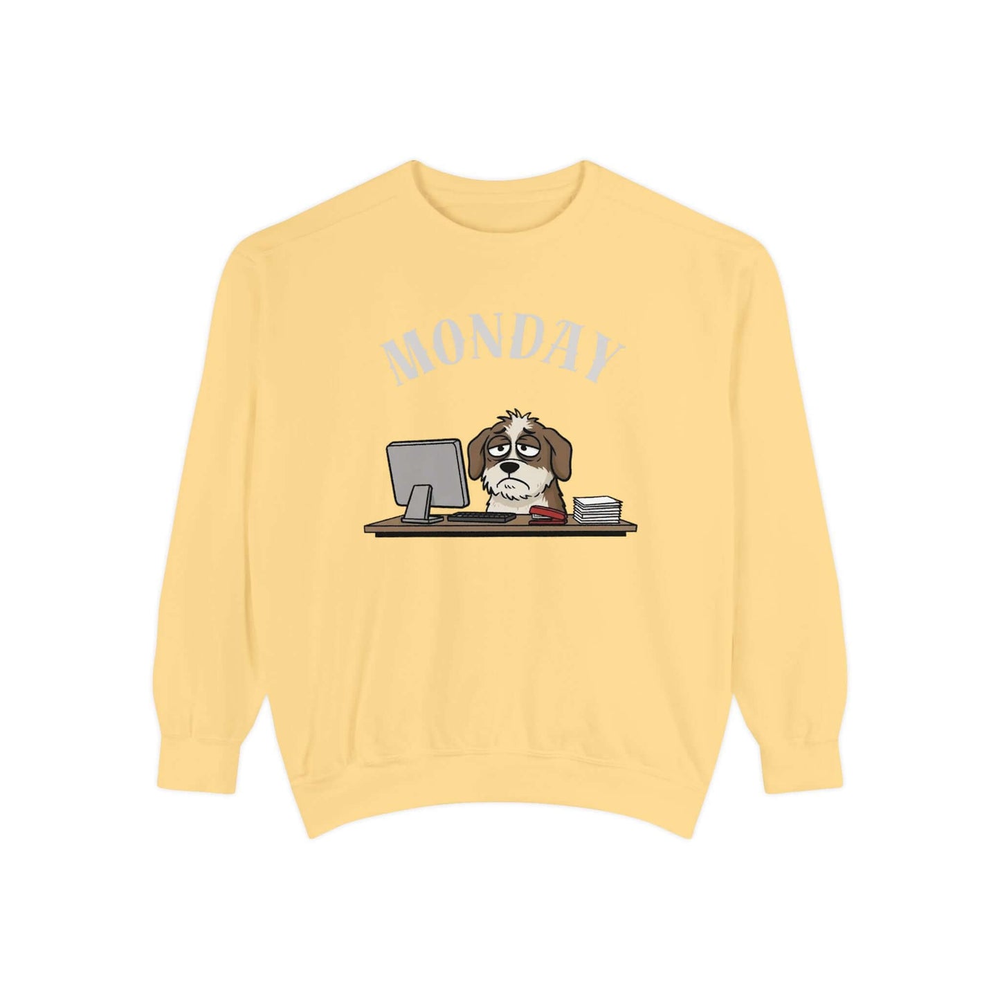 Monday Face Dog Stares Blankly Unisex Crewneck Sweatshirt featuring a dog at a desk with a 'MONDAY' banner.