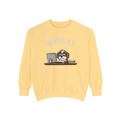 Monday Face Dog Stares Blankly Unisex Crewneck Sweatshirt featuring a dog at a desk with a 'MONDAY' banner.