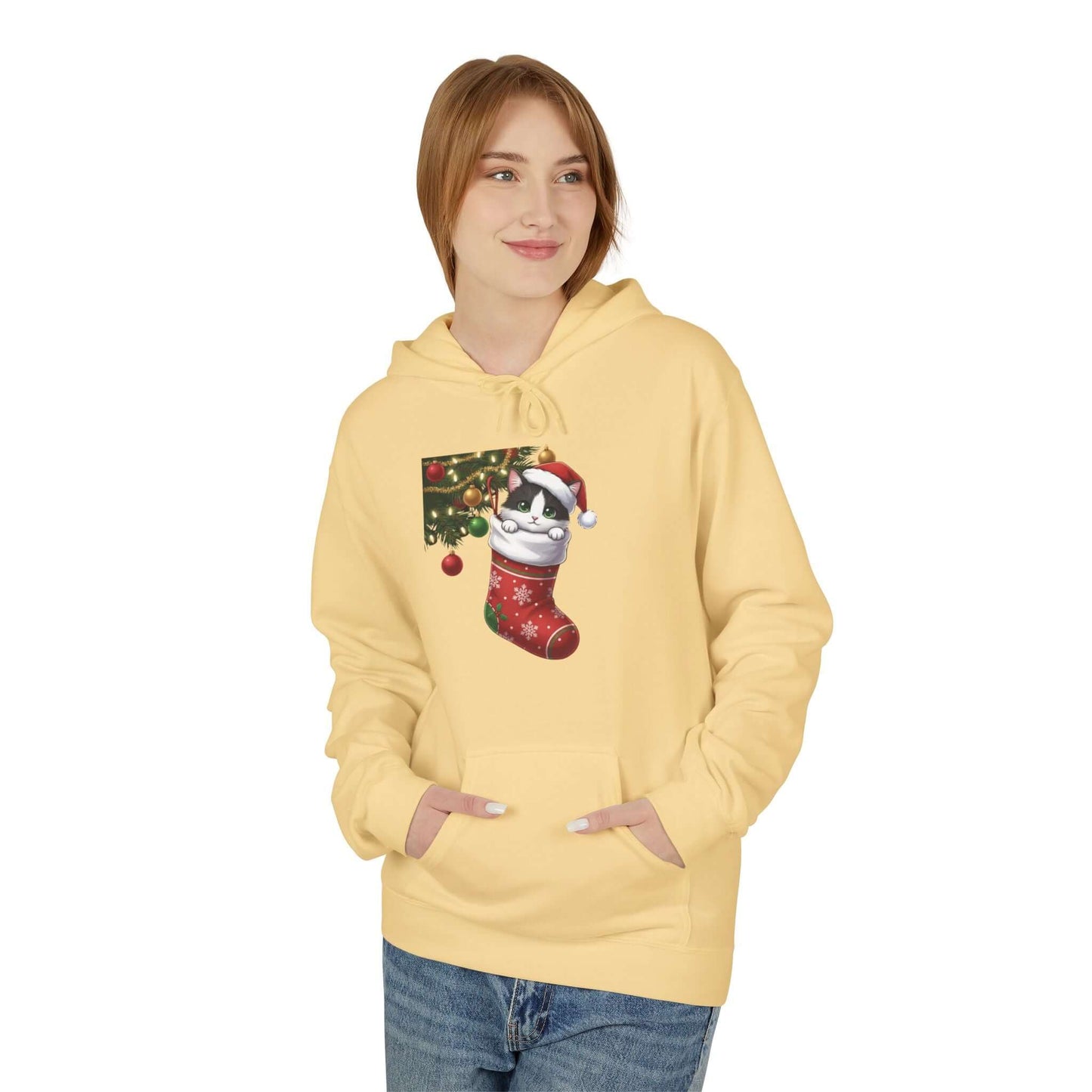 Kitten hiding in Christmas stocking Unisex Fleece Hoodie style 1