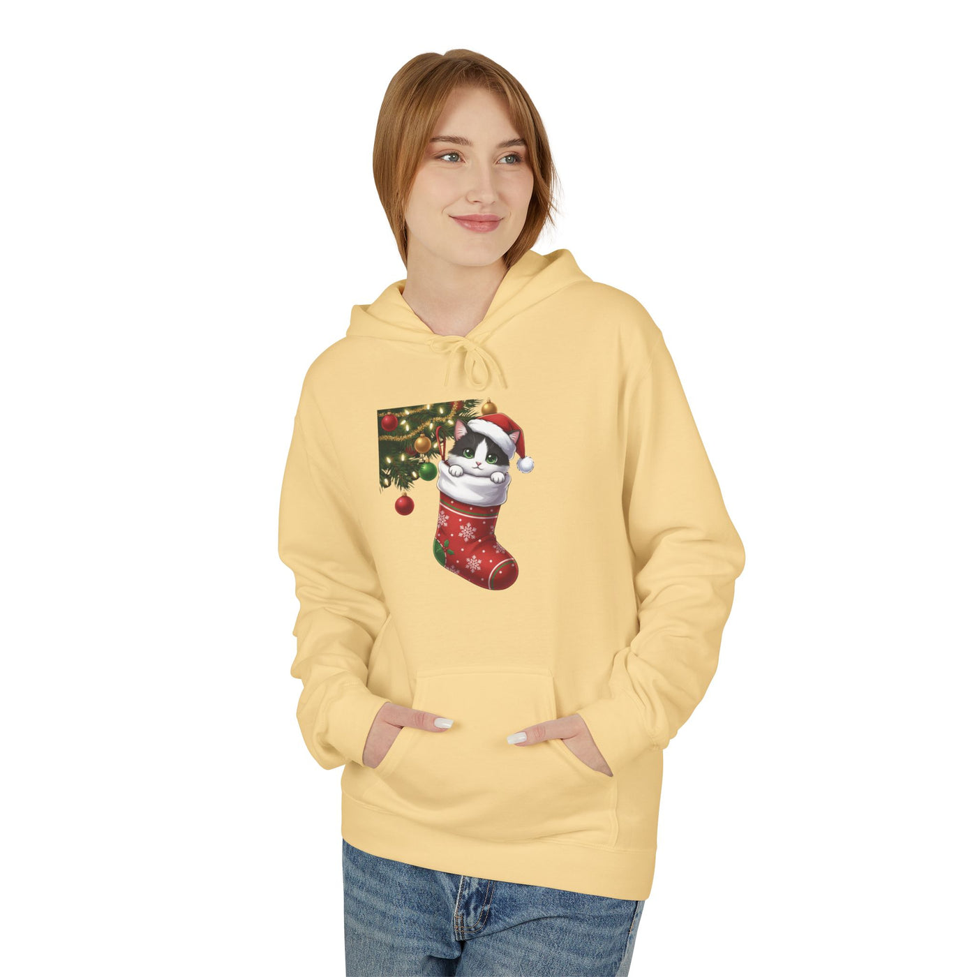 Adorable kitten hiding in Christmas stocking style 1 Cozy Graphic Unisex Midweight Softstyle Fleece Hoodie