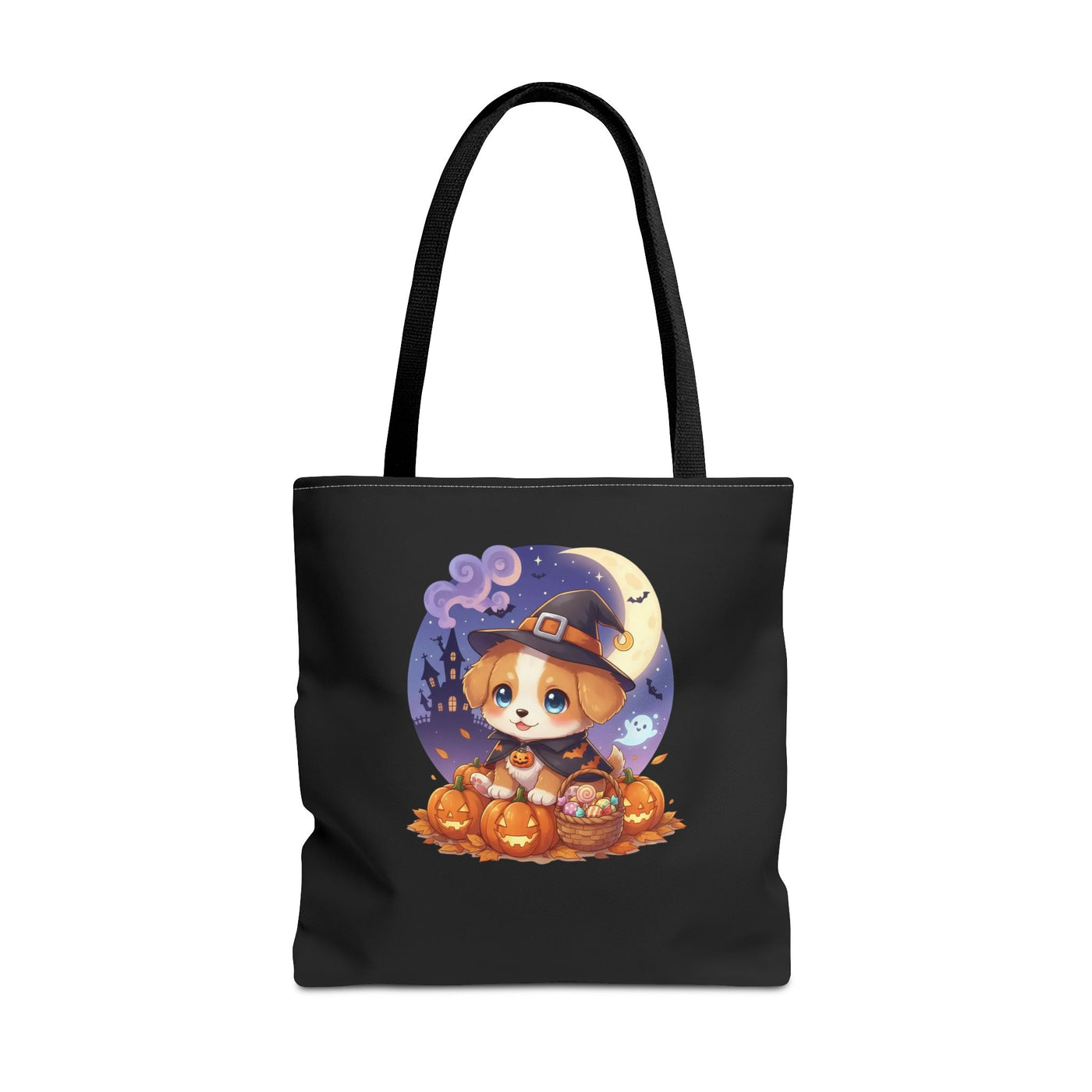 Adorable Halloween Puppy anime style Tote Bag, Pumpkin Lover Gift, Cute Dog Design, Witch Theme, Eco-Friendly Shopping Bag