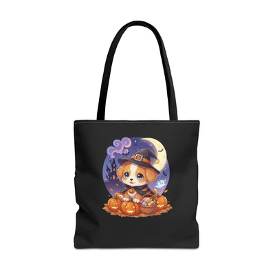 Adorable Halloween Puppy anime style Tote Bag, Pumpkin Lover Gift, Cute Dog Design, Witch Theme, Eco-Friendly Shopping Bag