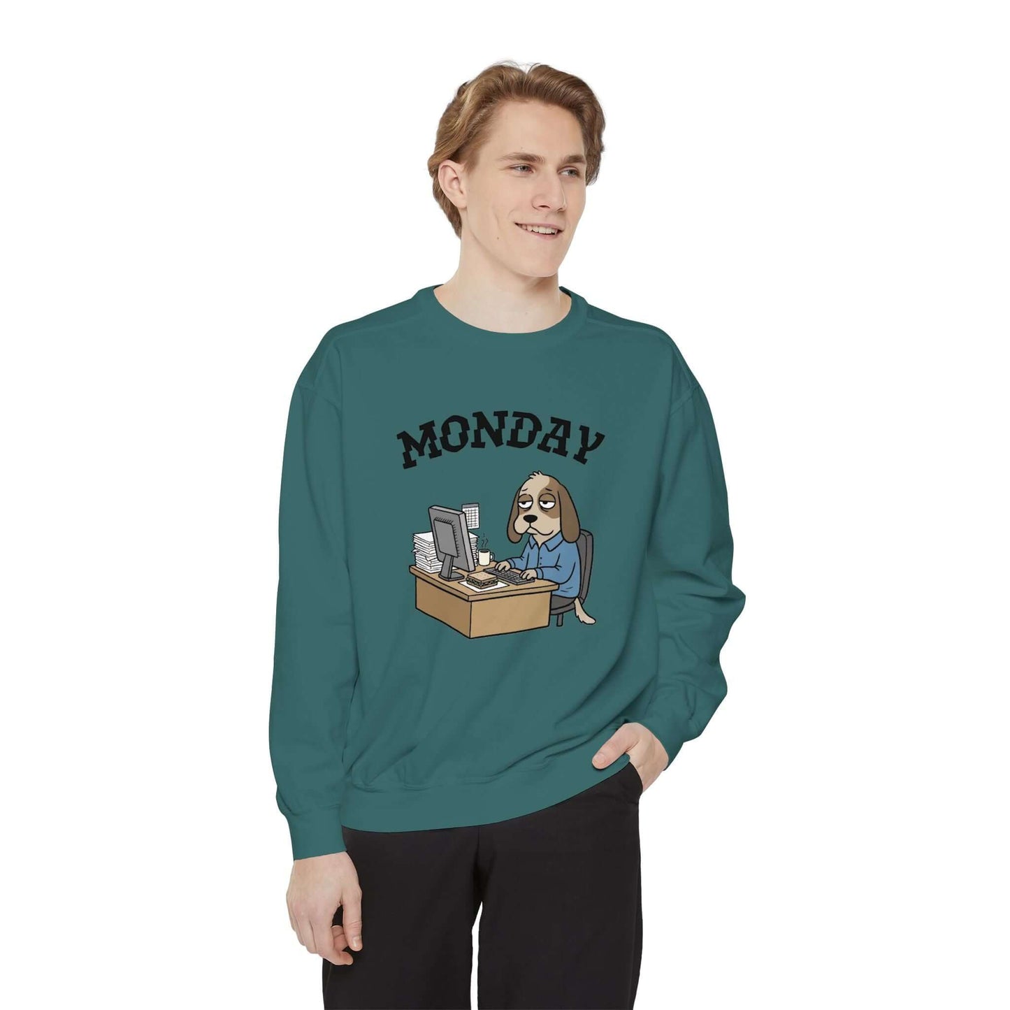 Monday Face Dog Stares Blankly Unisex Crewneck Sweatshirt on model, featuring a dog at a desk under 'MONDAY' text.