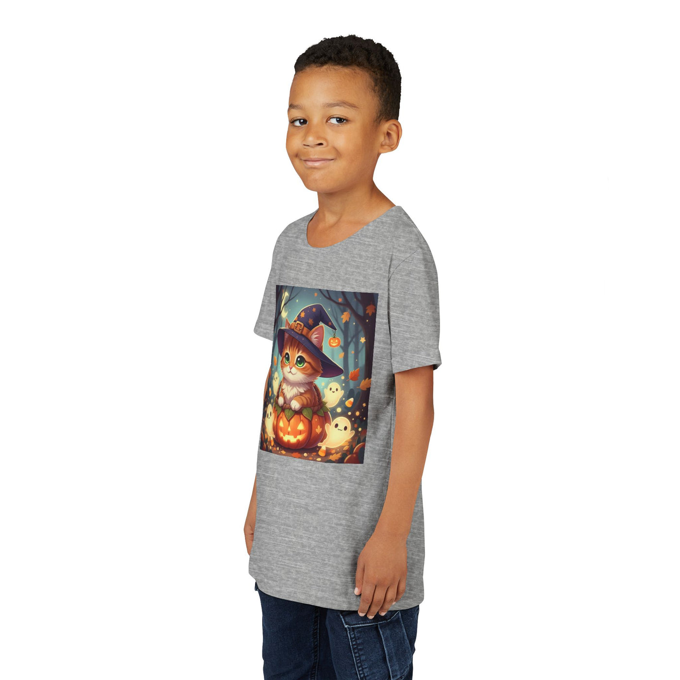 Halloween cute kitten anime style 3 Unisex Youth Tee | T-Shirt, Cute Pumpkin Shirt, Kids Halloween Outfit, Cat Lover Gift, Fun Fall Apparel