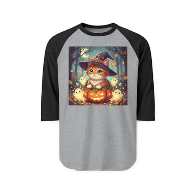 Halloween cute kitten anime style 3 Raglan Shirt, Unisex Halloween Top, Pumpkin Cat Shirt, Cute Cat Tee, Spooky Casual Wear