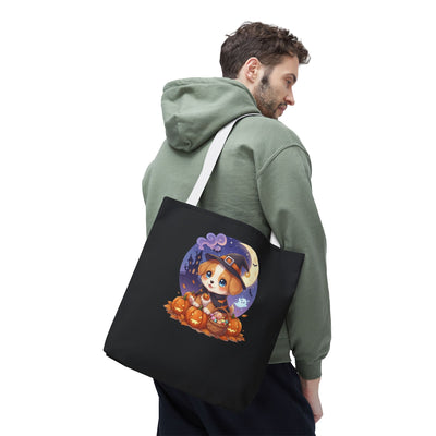 Adorable Halloween Puppy anime style Tote Bag, Pumpkin Lover Gift, Cute Dog Design, Witch Theme, Eco-Friendly Shopping Bag