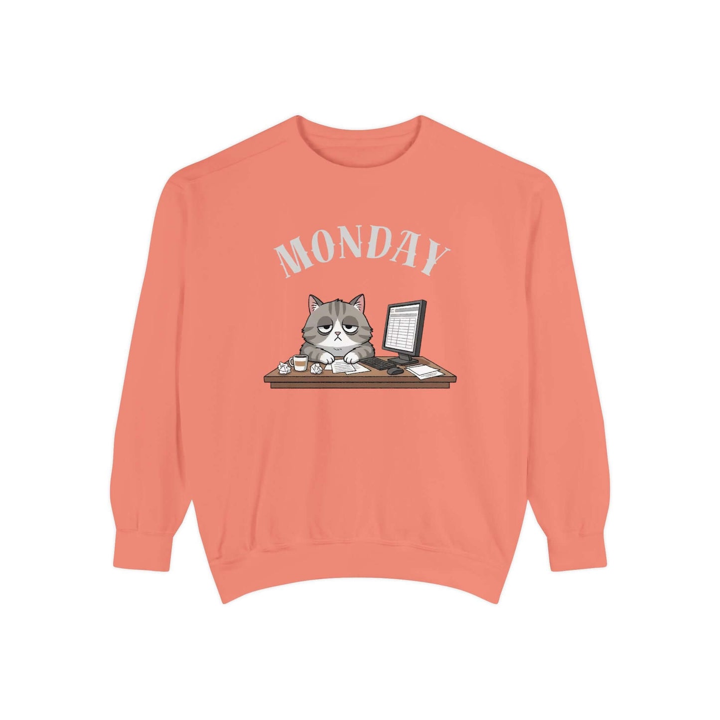 Monday Face Cat Stares Blankly Unisex Crewneck Sweatshirt featuring a grumpy cat under a 'MONDAY' banner on an orange sweatshirt.