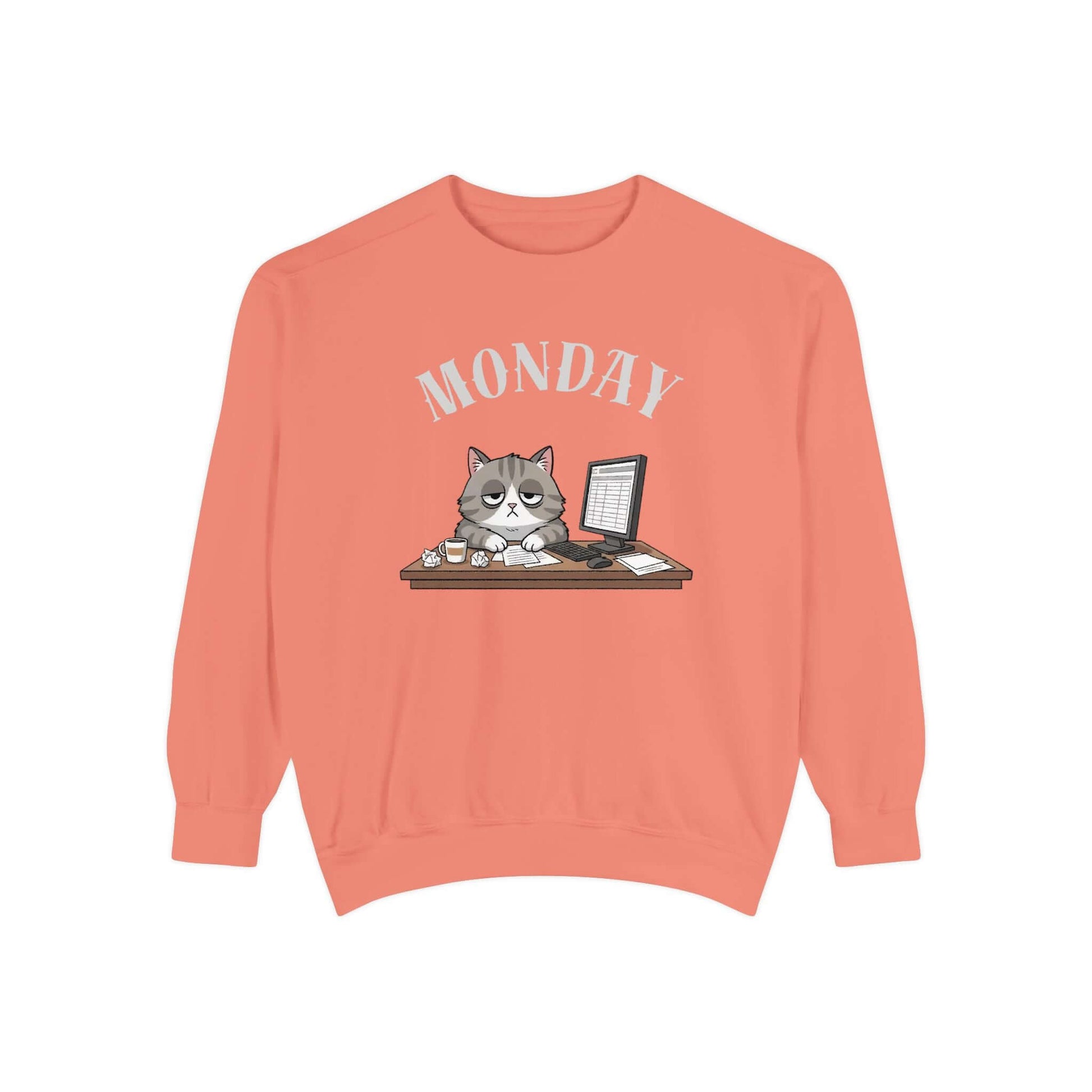 Monday Face Cat Stares Blankly Unisex Crewneck Sweatshirt featuring a grumpy cat under a 'MONDAY' banner on an orange sweatshirt.