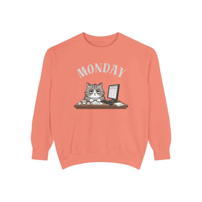 Monday Face Cat Stares Blankly Unisex Crewneck Sweatshirt featuring a grumpy cat under a 'MONDAY' banner on an orange sweatshirt.