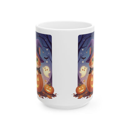 Halloween Themed style 2 Ceramic Mug, Cozy Fall Coffee Cup, Ghosts & Pumpkins Design, Seasonal Gift, Spooky Mug for Halloween Celebrations