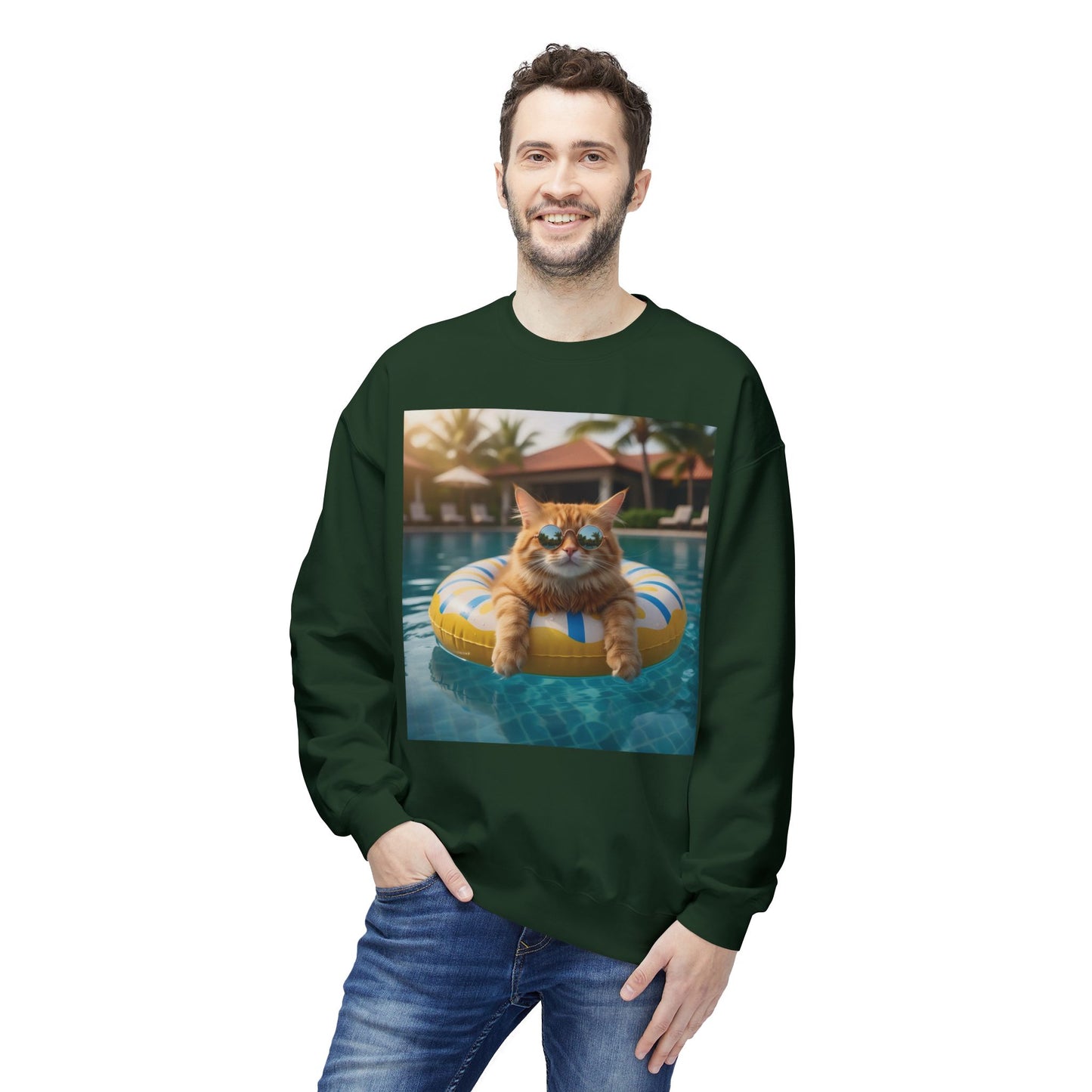 Swimming Pool Vibes Graphic Cat Unisex Crewneck Sweatshirt