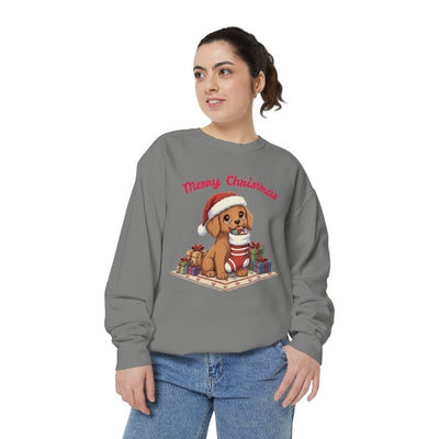 Cute Puppy waiting for Christmas presents style 2 Cozy Graphic Unisex Crewneck Sweatshirt