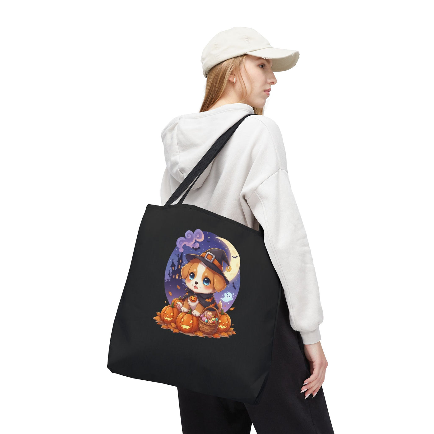 Adorable Halloween Puppy anime style Tote Bag, Pumpkin Lover Gift, Cute Dog Design, Witch Theme, Eco-Friendly Shopping Bag