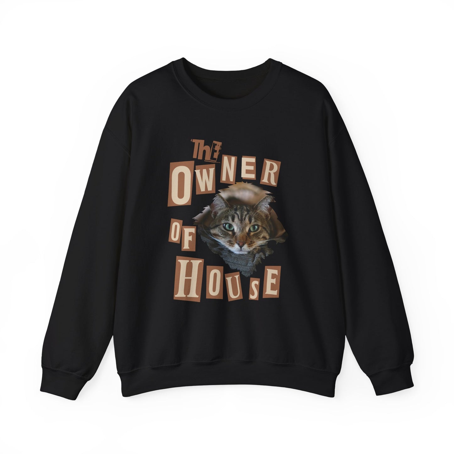 Cat is The Owner of House Unisex Crewneck Sweatshirt featuring a cat design and vintage-style lettering on a black background.