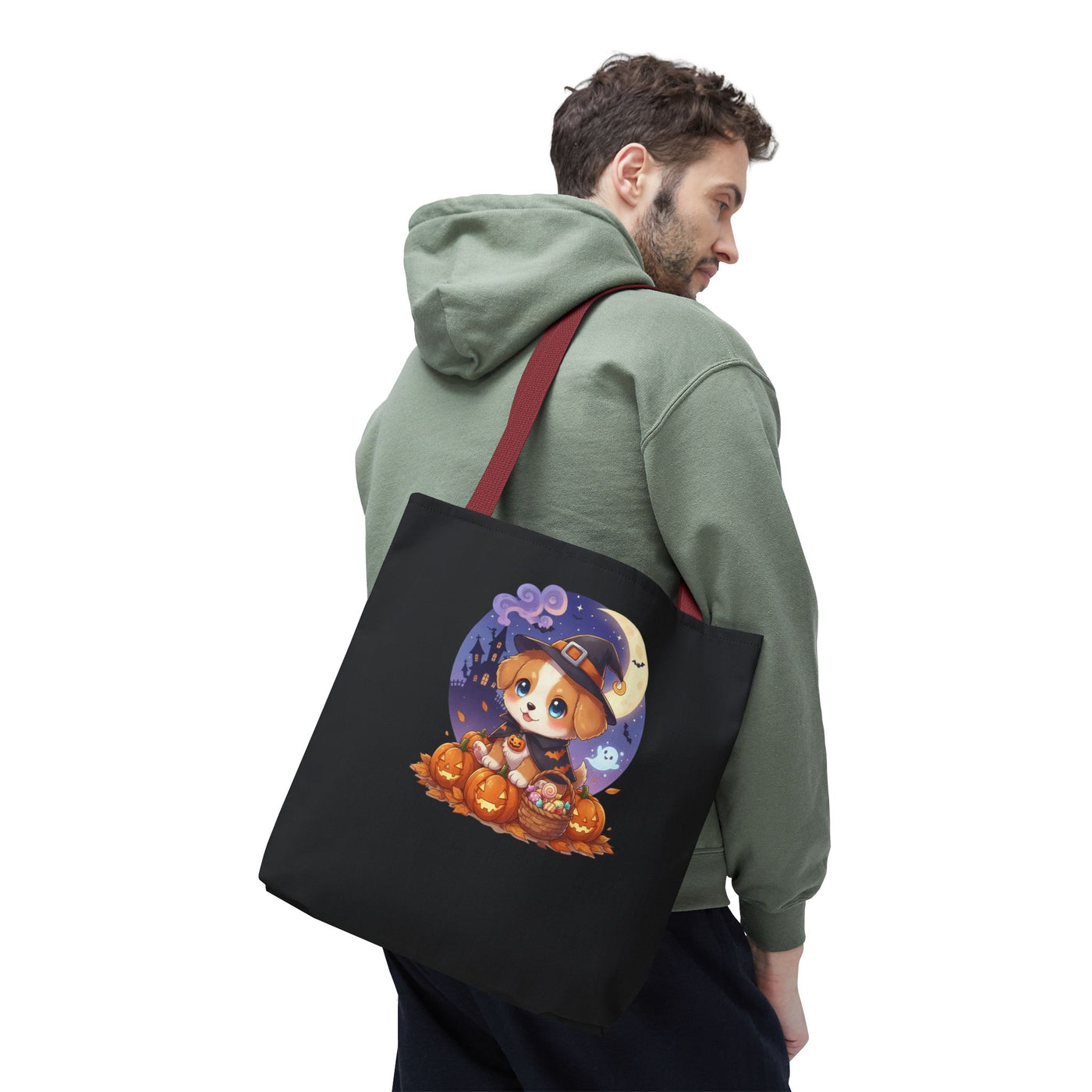 Adorable Halloween Puppy anime style Tote Bag, Pumpkin Lover Gift, Cute Dog Design, Witch Theme, Eco-Friendly Shopping Bag