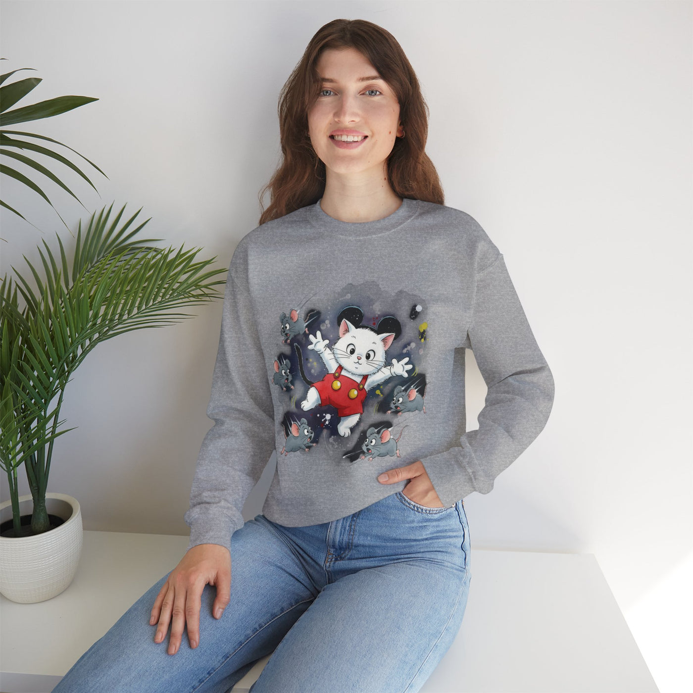 Watercolor painting style 2 Men & Women Cute Cat Pile Crewneck Sweatshirt