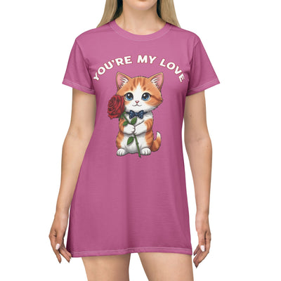 Cat "You're My Love" Print T-Shirt Dress - Perfect for Pet Lovers