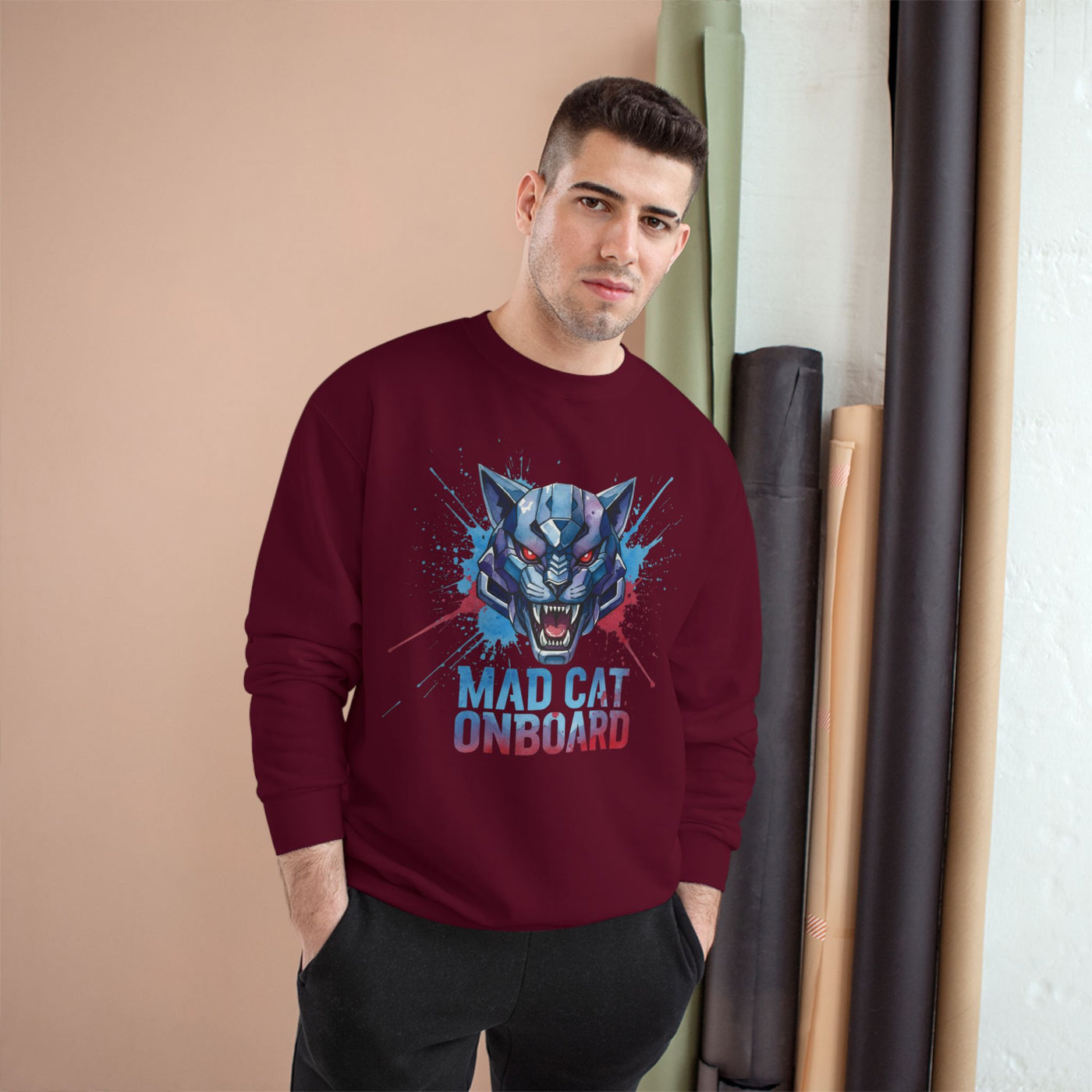 Mad Cat Onboard Graphic style 3 Champion Crewneck Sweatshirt for Gamers & Sci‑Fi Fans