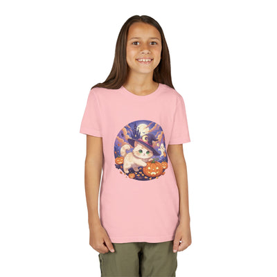 Halloween cute kitten anime style 5 Unisex Youth Tee | T-Shirt, Cute Pumpkin Shirt, Kids Halloween Outfit, Cat Lover Gift, Fun Fall Apparel