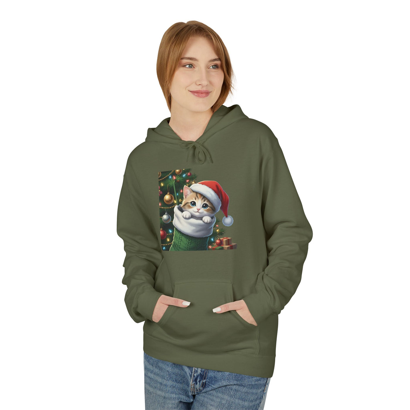 Adorable kitten hiding in Christmas stocking style 2 Cozy Graphic Unisex Midweight Softstyle Fleece Hoodie