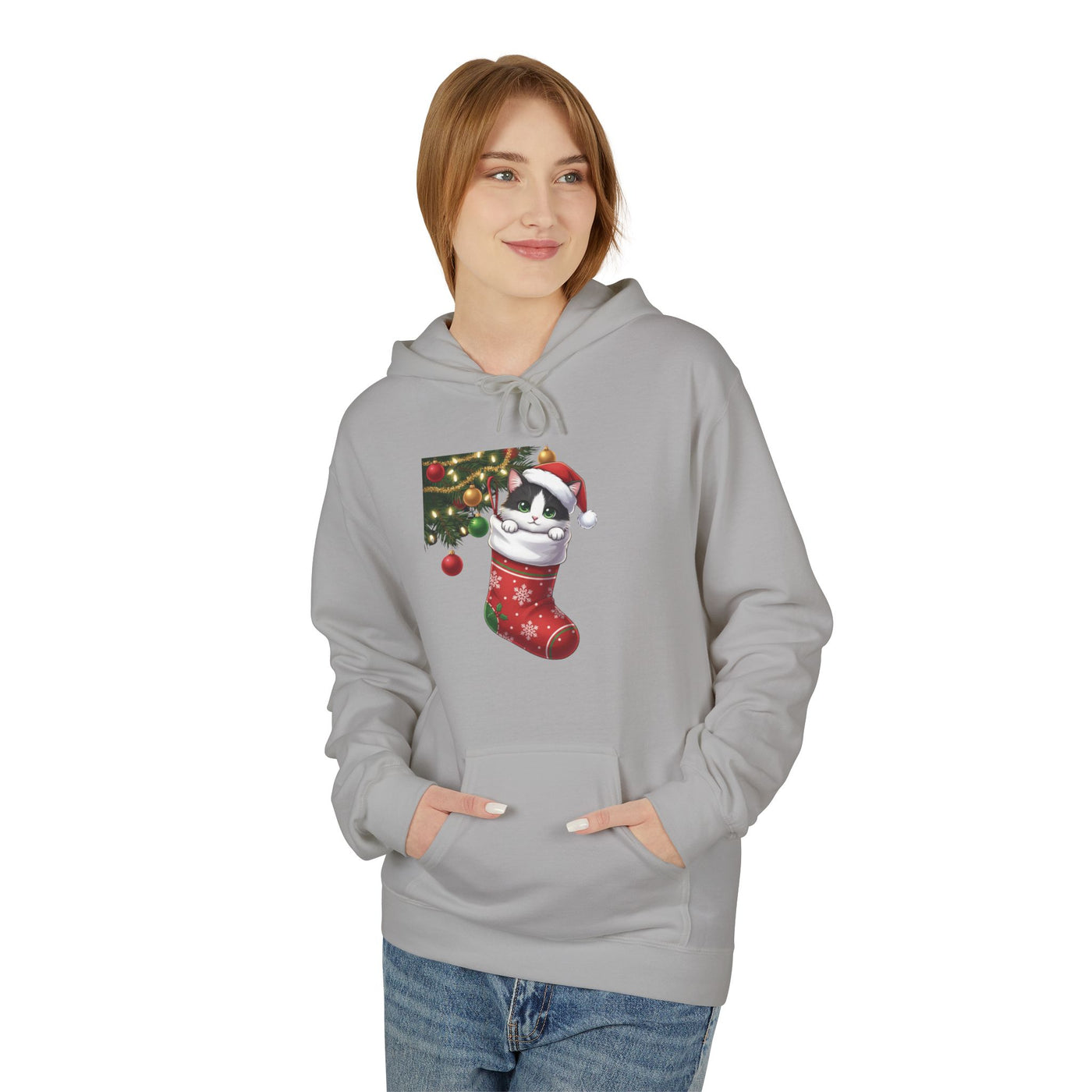 Adorable kitten hiding in Christmas stocking style 1 Cozy Graphic Unisex Midweight Softstyle Fleece Hoodie