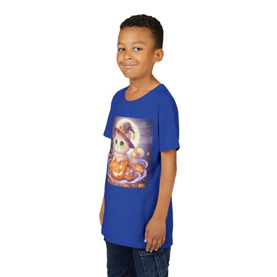 Halloween cute kitten anime style 4 Unisex Youth Tee | T-Shirt, Cute Pumpkin Shirt, Kids Halloween Outfit, Cat Lover Gift, Fun Fall Apparel
