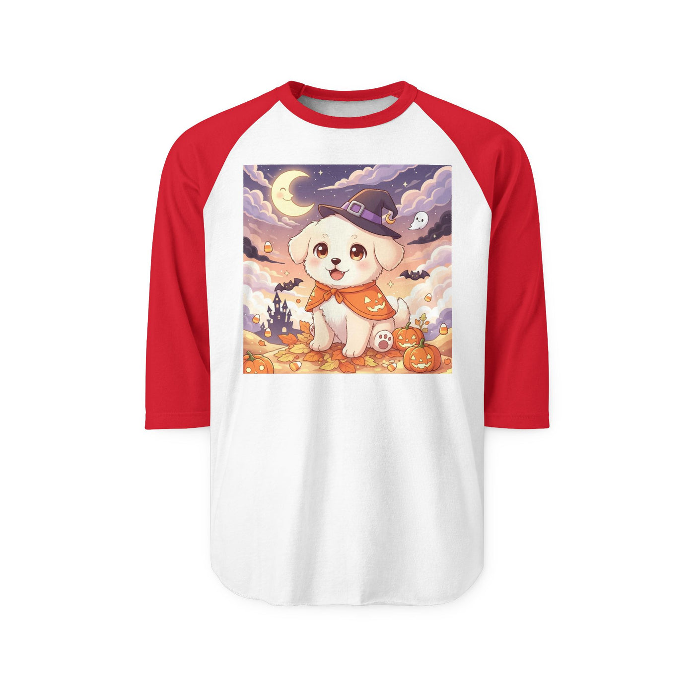 Halloween cute puppy anime style 2 Raglan Shirt, Cute Pet Shirt, Fall Apparel, Unisex Halloween Outfit, Gift for Dog Lovers, Spooky Season Tee