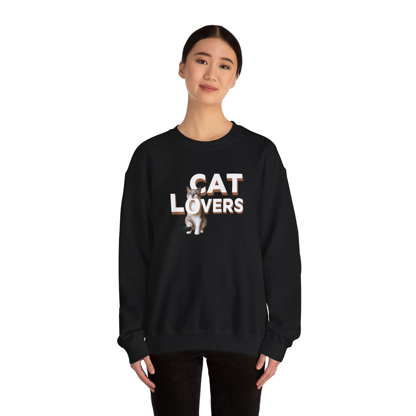 Cat lovers cute kitten sweatshirt worn by a person, featuring a graphic design of a cat and bold text.