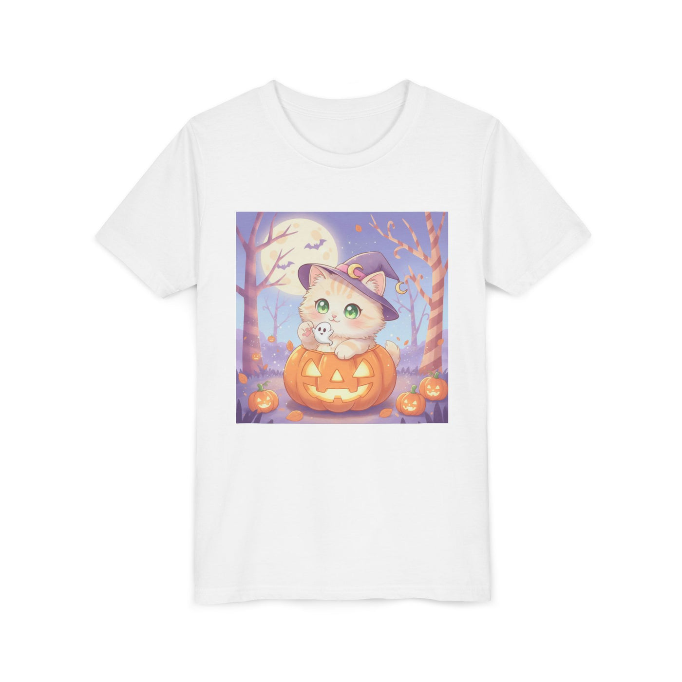 Halloween cute kitten anime style 1 Unisex Youth Tee | T-Shirt, Cute Pumpkin Shirt, Kids Halloween Outfit, Cat Lover Gift, Fun Fall Apparel