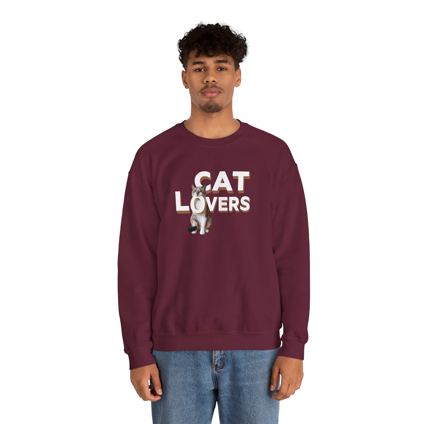 cat lovers cute kitten sweatshirt featuring a model wearing a cozy crewneck with cat graphics.