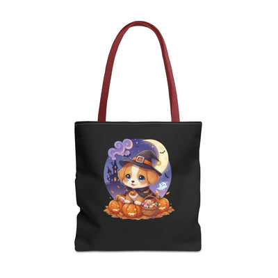 Adorable Halloween Puppy anime style Tote Bag, Pumpkin Lover Gift, Cute Dog Design, Witch Theme, Eco-Friendly Shopping Bag