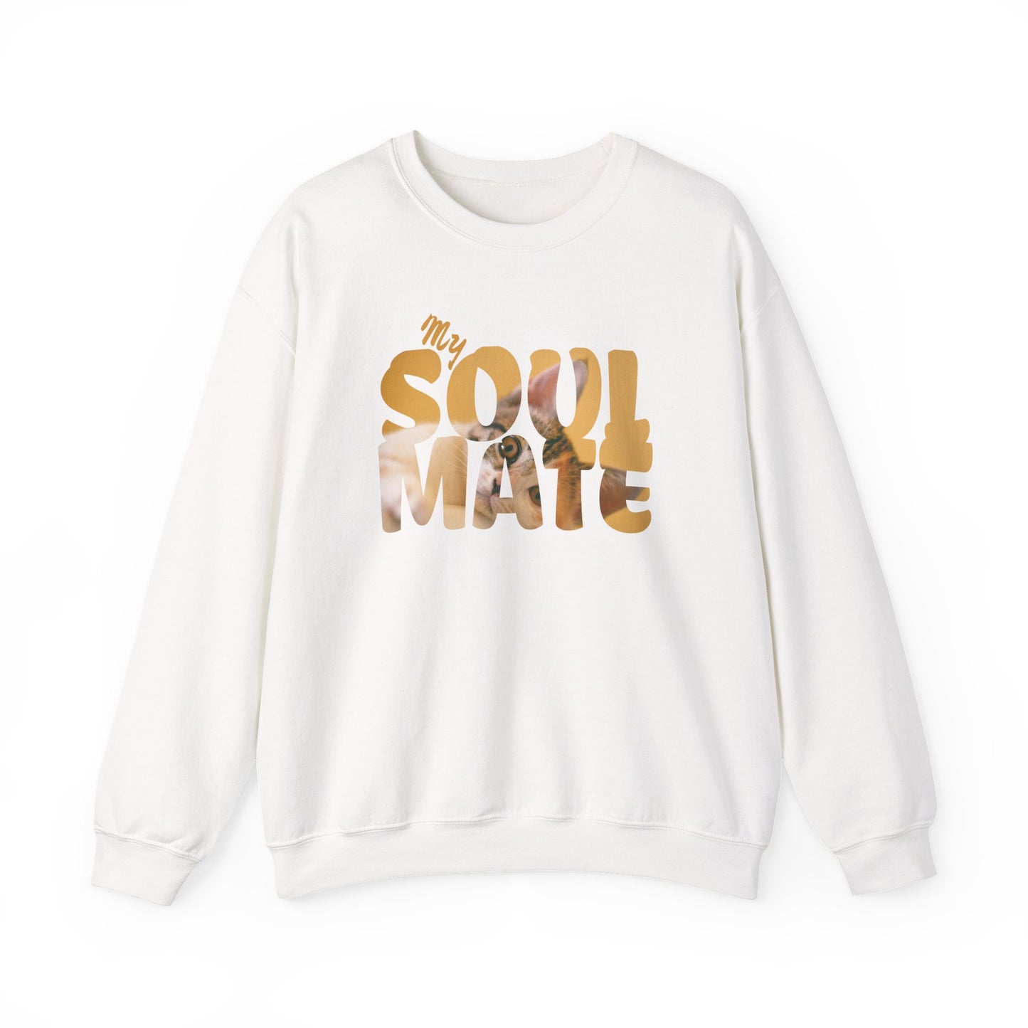 Cat My Soulmate Unisex Crewneck Sweatshirt with "My SOULMATE" design in warm lettering over a faded floral background.