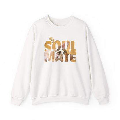 Cat My Soulmate Unisex Crewneck Sweatshirt with "My SOULMATE" design in warm lettering over a faded floral background.