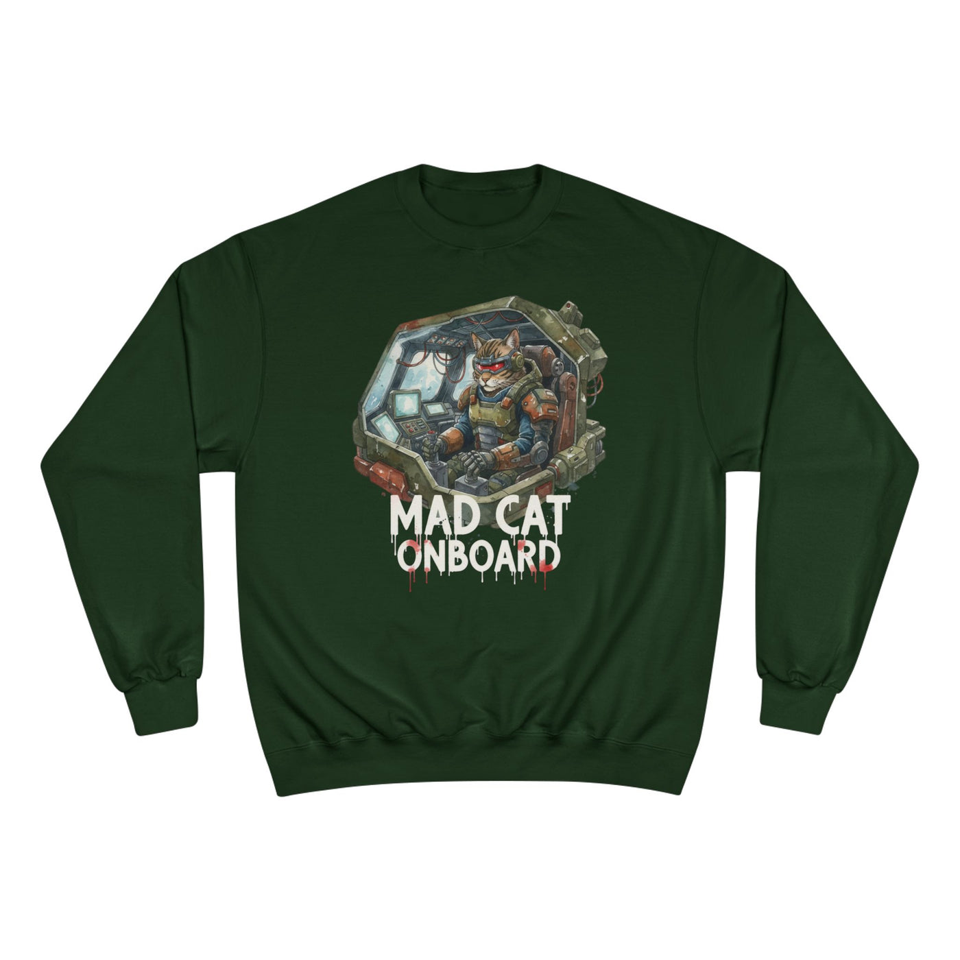 Mad Cat Onboard Graphic style 1 Champion Crewneck Sweatshirt for Gamers & Sci‑Fi Fans