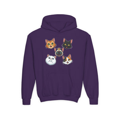 Cute Cat Heads Unisex Youth Hoodie, Fun Pet Lover Sweater, Kids Gift, Animal Lover Apparel, Perfect for Birthdays & Holidays