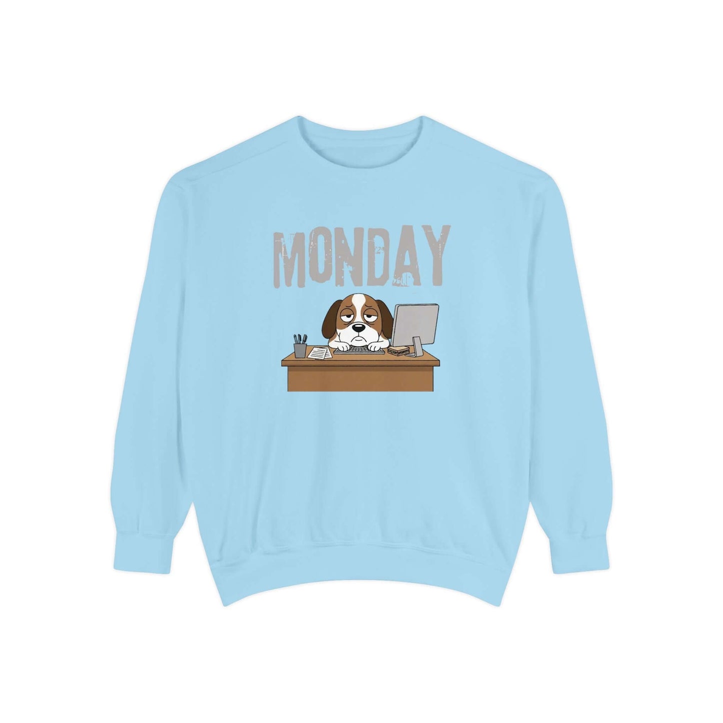 Monday Face Dog Stares Blankly Unisex Crewneck Sweatshirt in light blue with a dog at a desk under MONDAY banner.